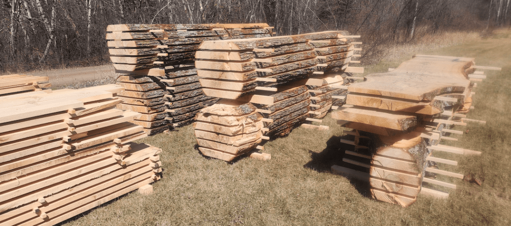 Logs sawn into slabs and stacked neatly with stickers